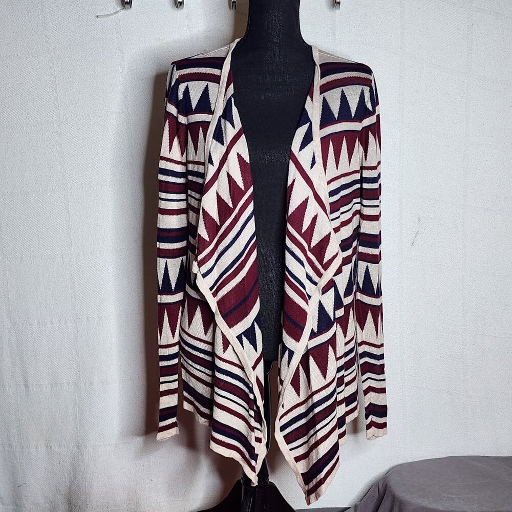 Faded Glory Tan Bordeaux Aztec Geo Print LS Open Front Rayon Cardigan XL 16-18